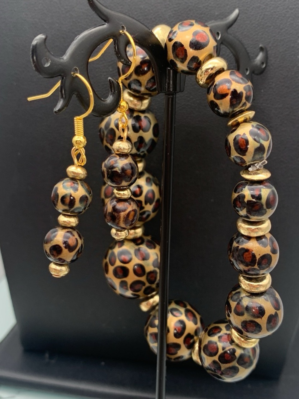 Leopard Print Bead stretch Bracelet & Earrings Set - Gold Accents